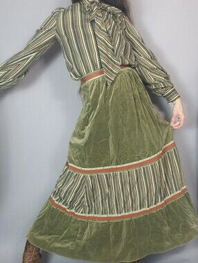 Vintage 70s Victor Costa Bohemian Green Striped 2 Pc Dress Set Xs